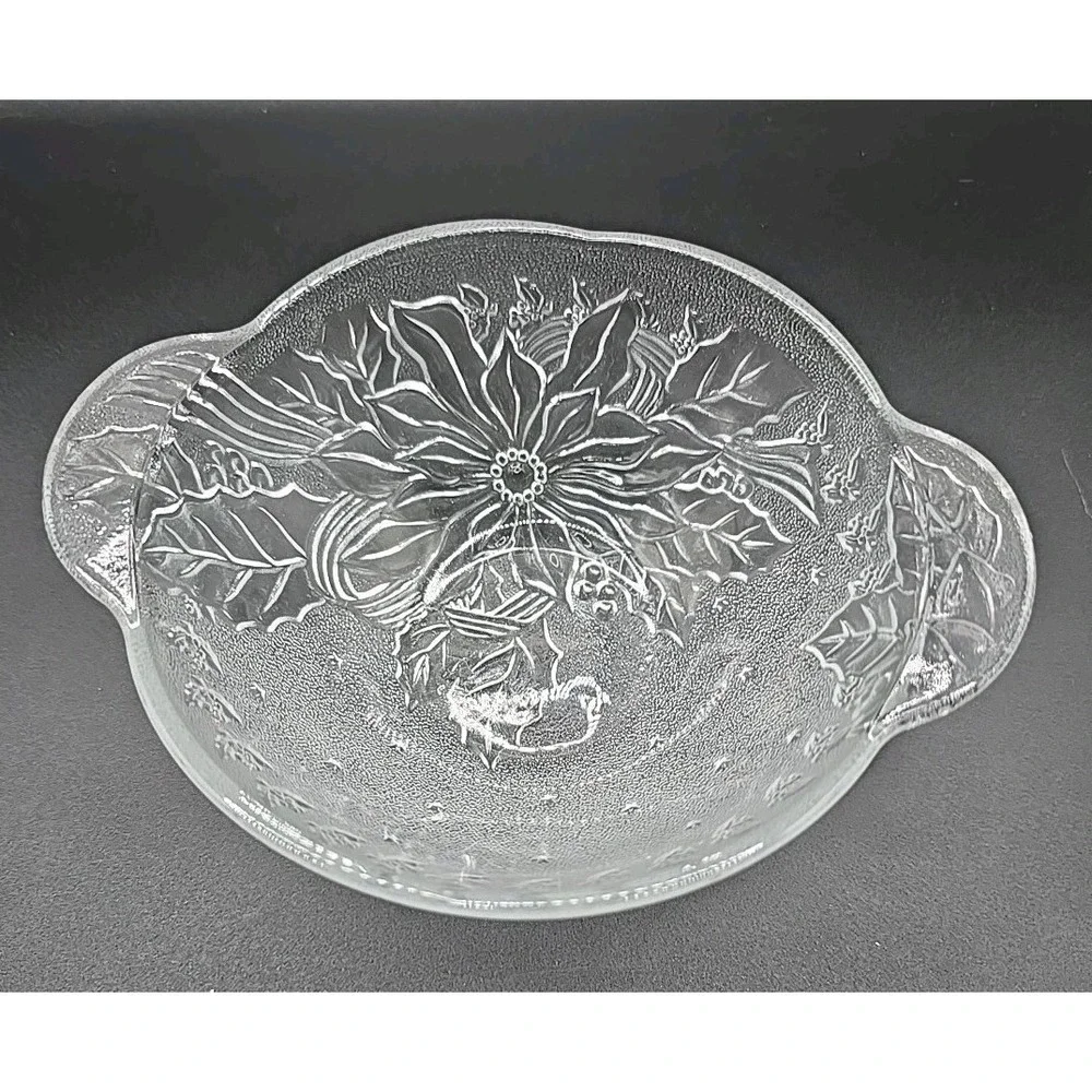 Clear and Frosted Poinsettia and Holly Candy Nut Bowl 2 Handles 6.5